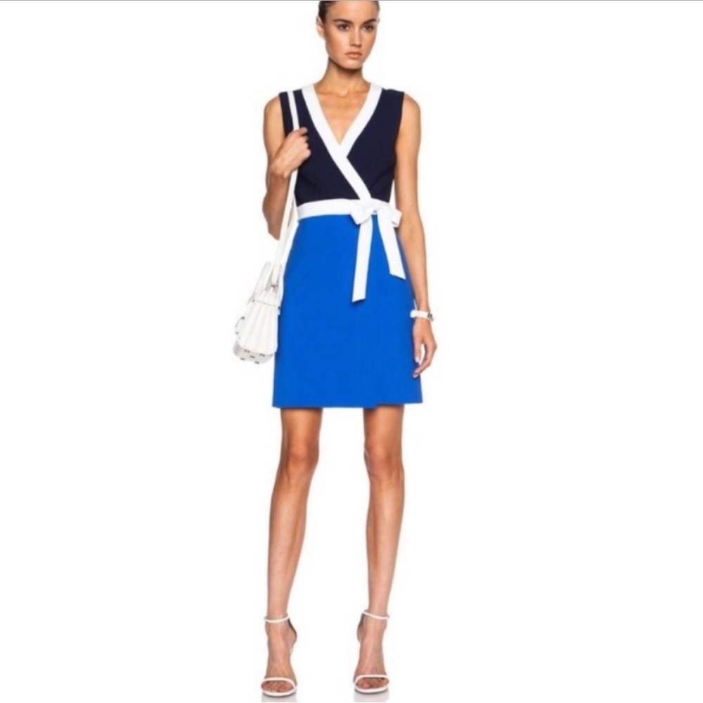 DVF Womens Gracie Dress Size 2 Wrap Knee Length Blue Vneck Belt Color Block